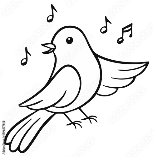 Cartoon bird singing with musical notes, black and white line art
