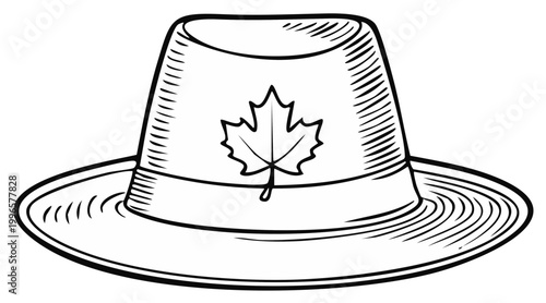 Outlined illustration of a fedora hat with a maple leaf emblem.