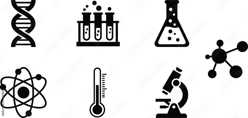 Obraz premium Science vector icons set, lab equipment illustration, chemistry icon