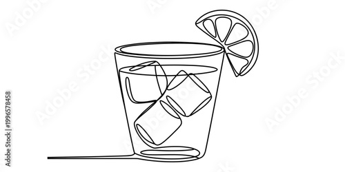 Single continuous line drawing of a glass of cold refreshing drink with ice cubes and a slice of lime garnish Vector, illustration
