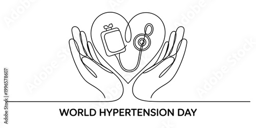 Continuous single line drawing of hands holding a heart with a blood pressure monitor for world hypertension day medical concept Vector, illustration