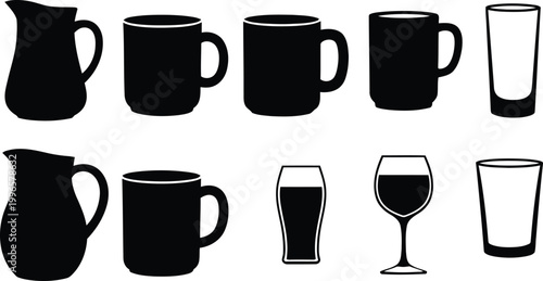 Black and white illustration of various drinking vessels