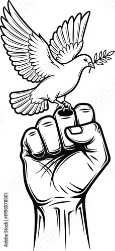 Symbolic dove perched on clenched fist with olive branch