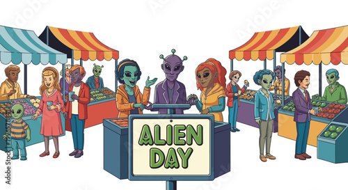 At an alien day celebration, extraterrestrial characters interact with humans at market stalls in a colorful vector illustration, showcasing a futuristic alien concept with cosmic universe