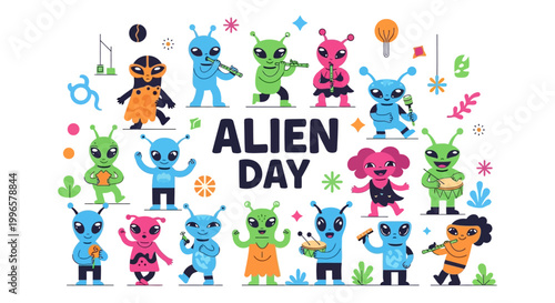 A whimsical extraterrestrial vector design celebrates Alien Day with colorful cartoon aliens cheerfully playing musical instruments and wearing costumes against a clean white background