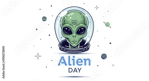 A sci-fi alien character head in a vector illustration, featuring a green extraterrestrial with large black eyes inside a clear helmet against a clean white background promoting Alien Day