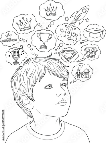 Young boy with ambitious thoughts and dreams in his mind