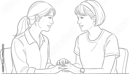Two Women Holding Hands Giving Emotional Support Line Art