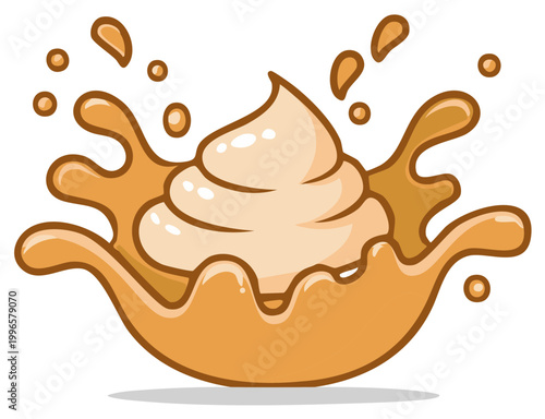 Cartoon Cream Dessert Bursting into Caramel Splash with Droplets