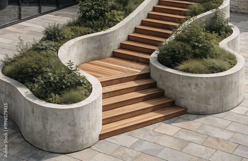 A modern staircase with wooden steps and concrete planters in a serene outdoor setting