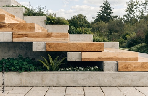 A modern outdoor staircase with wooden steps and lush greenery in a serene natural setting