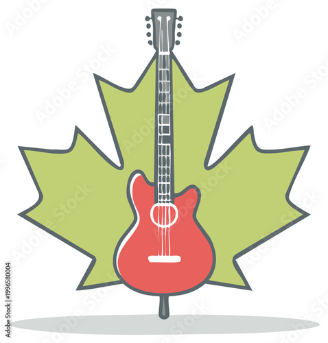 Stylized Red Guitar on Green Maple Leaf A Symbol of Canadian Music and Culture