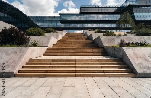 A modern office building with a large staircase leading to a glass facade