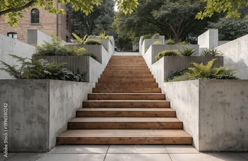 A modern staircase with wooden steps and concrete walls leads up to a serene outdoor space surrounded by lush greenery and trees.
