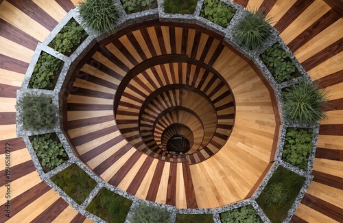 A spiral staircase with a unique design featuring plants and wood accents
