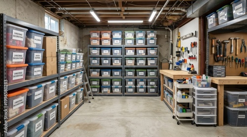 A cluttered, disorganized garage with a variety of tools, containers, and miscellaneous items.