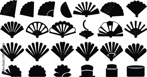 Vector Paper Fan Icon Set Design for Asian Culture Illustration, Summer Cooling Tools, and Elegant Decorative Branding Projects