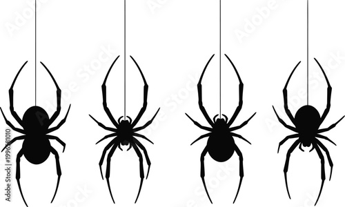 Four black silhouette spiders hanging from silken threads