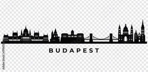 Black silhouette of budapest city skyline with famous landmarks and bridge