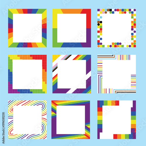 Pride Flag Rainbow square art templates frame elements Set