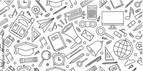 School supplies seamless pattern. School attributes seamless pattern. Student accessories repeat background. Back to school banner. Education doodle pattern background.