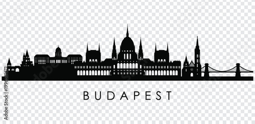 Black silhouette of budapest city skyline with famous landmarks