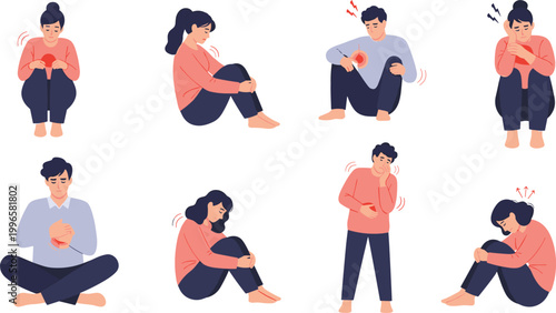 Body pain vector illustrations showing discomfort in head, chest, stomach, and joints