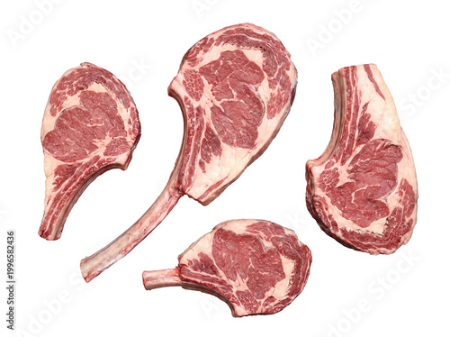 Bild auf Leinwand Array of bone-in raw beef cuts, showcasing Tomahawk and ribeye steaks, isolated on a transparent background