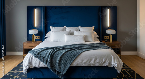 Blue Bedroom with White Bed and Blue Headboard white bedding pillows
