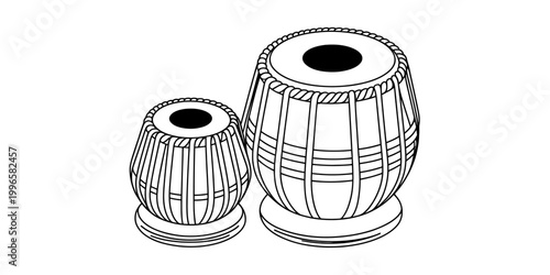 Black and white line drawing of traditional indian tabla drums musical instrument Vector, illustration