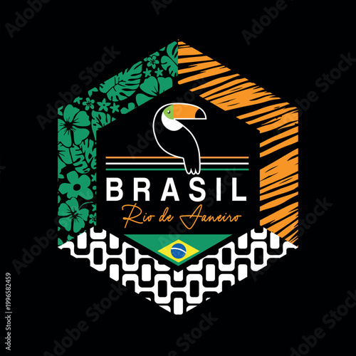 Illustration of an emblem alluding to Rio de Janeiro, Brazil. Stylized artwork featuring the Brazilian flag and a toucan.