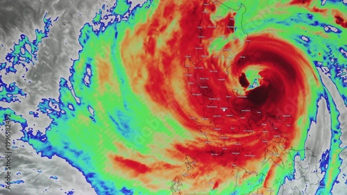 The weather forecast interface on the digital screen shows the storm., Global warming concept
