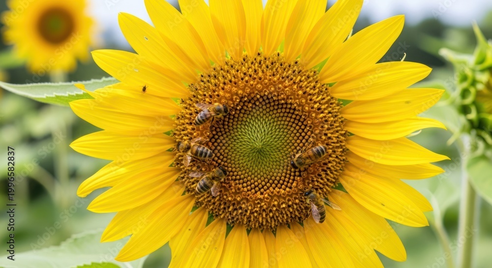 Obraz premium bright sunflower attracting bees in a lush field