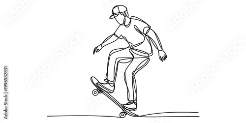 Continuous single line drawing of a man riding a skateboard doing a trick Vector, illustration