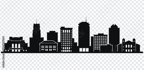 Black silhouette of a city skyline with various buildings and skyscrapers