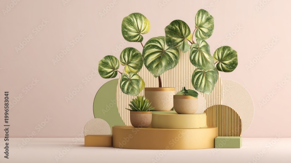 Obraz premium Decorative potted plants on geometric display against a soft beige backdrop