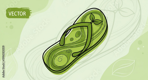 Green flip flop with leaf design on a light green background with abstract patterns