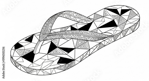 Detailed illustration of a black and white flip flop with geometric patterns on a clean white background