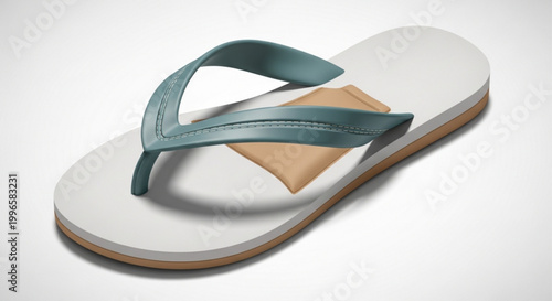 Teal flip flop with white sole and brown heel on plain background