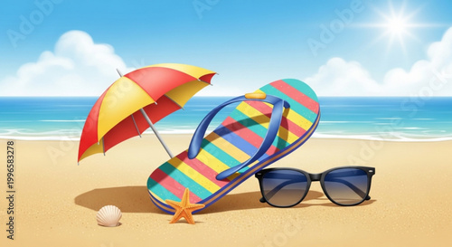 Colorful beach flip flops sunglasses and umbrella on sandy shore by ocean