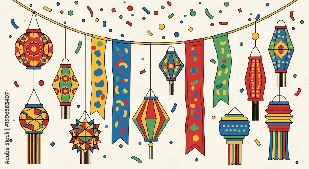 Obraz premium Colorful hanging lanterns and banners with confetti