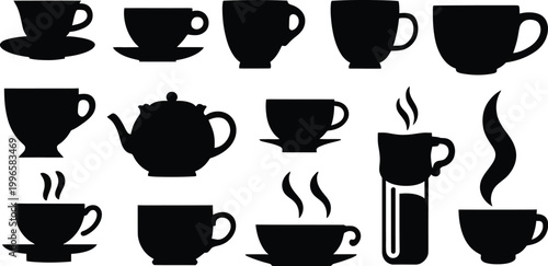 Vector Teacup Icon Set Design for Vintage Tea Time Illustration, Cafe Branding, and Elegant Kitchen Lifestyle Projects