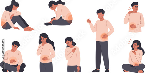 Body pain vector illustrations showing discomfort in chest, stomach, head, and joints
