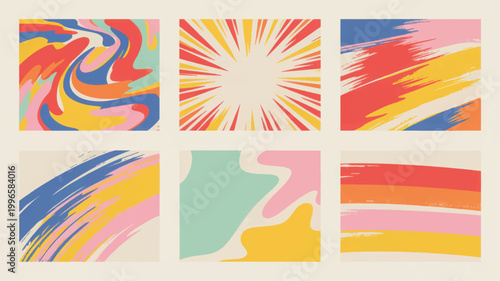 A collection of six retro-inspired panels featuring abstract patterns including liquid swirls, sunburst rays, textured brush strokes, and colorful horizontal stripes in a warm color palette