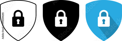 three security shields with locks flat design vector illustration