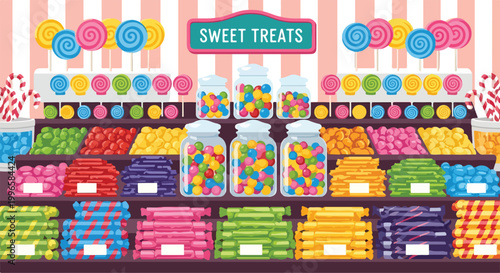 Obraz na plátně Colorful candy store with lollipops and jars