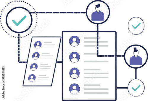 A graphic illustration of a checklist connected to profiles and resumes with verified icons