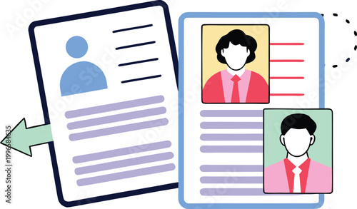 A graphic illustration of a large resume with a green arrow pointing to two smaller resumes with cartoon images of a man and woman.