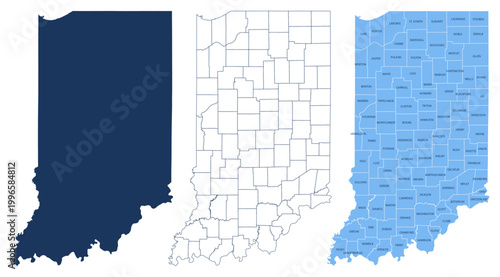 Bild auf Leinwand Indiana Counties Map - State Silhouette, County Outline and Labeled Map Vector