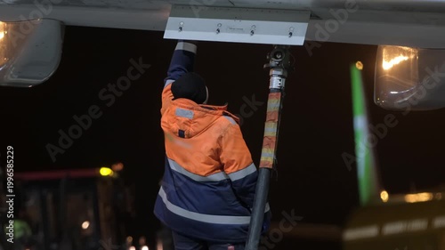Airplane aircraft fueling. Airport worker technician man refueling aircraft plane. Terminal airline maintenance crew aviation kerosene fuel. Preparing for departure Evening night